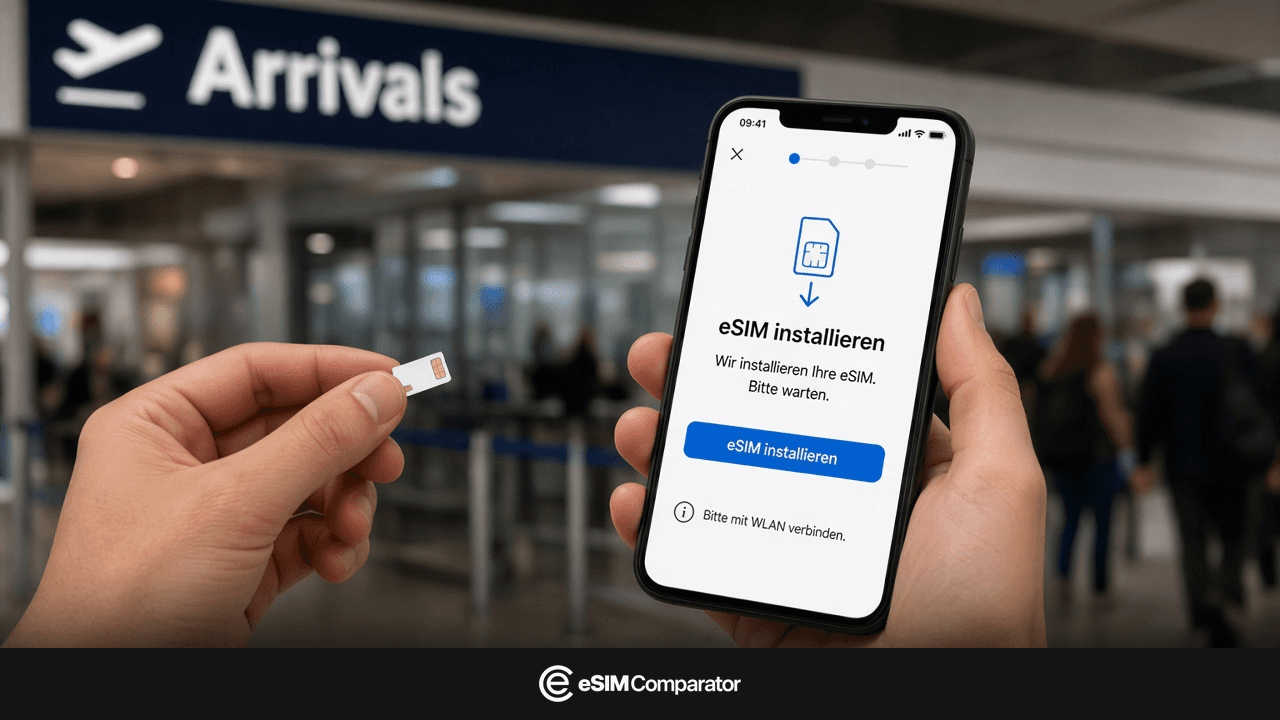 Plastik-SIM und eSIM-Smartphone in einer Ankunftshalle in Sydney, Leiste eSIM Comparator