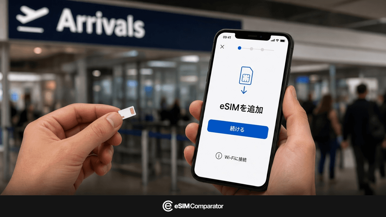シドニー到着ホールのプラスチックSIMとeSIMスマートフォン、eSIM Comparatorのバー