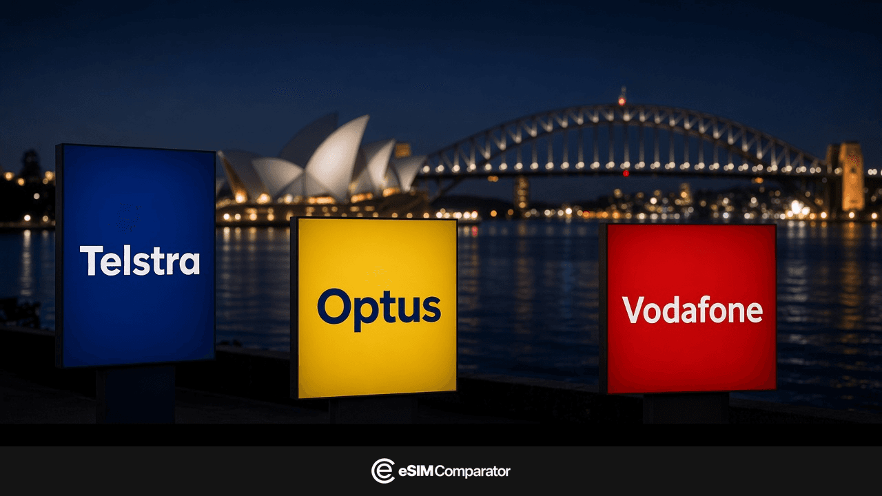 Logos Telstra, Optus et Vodafone sur le port de Sydney de nuit, barre eSIM Comparator