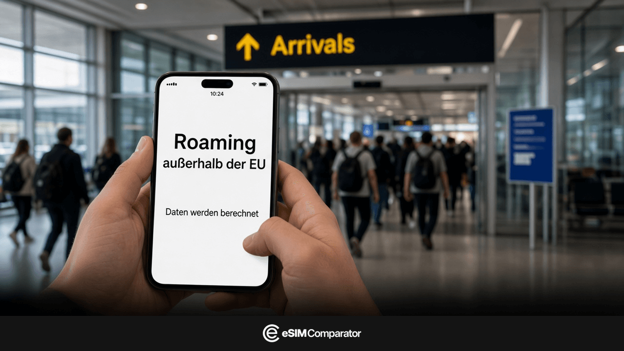 Roaming-Warnung extra-EU auf einem Smartphone bei der Ankunft in Australien, Leiste eSIM Comparator