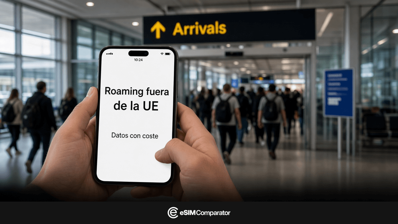 Aviso de roaming fuera de la UE en un smartphone al llegar a Australia, barra eSIM Comparator