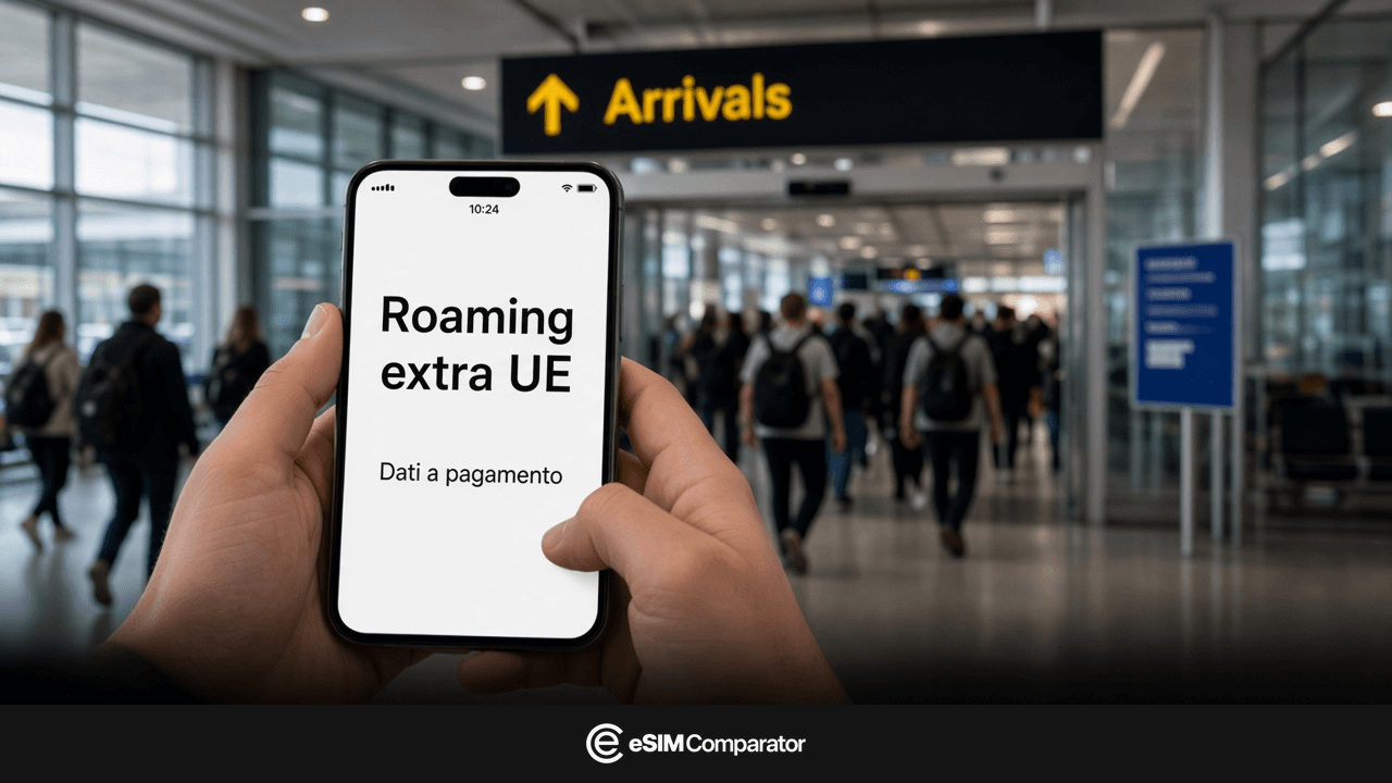 Avviso di roaming extra-UE su uno smartphone all’arrivo in Australia, barra eSIM Comparator