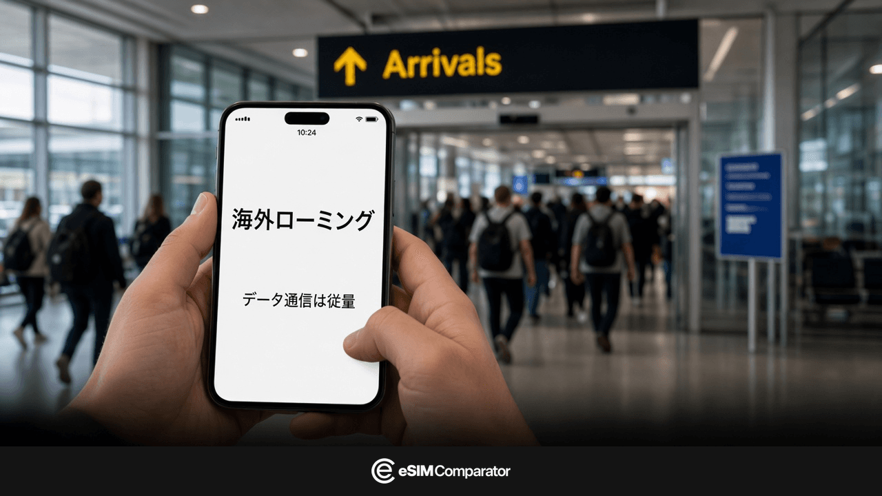 オーストラリア到着で日本回線の海外ローミング警告が出たスマートフォン、eSIM Comparatorのバー