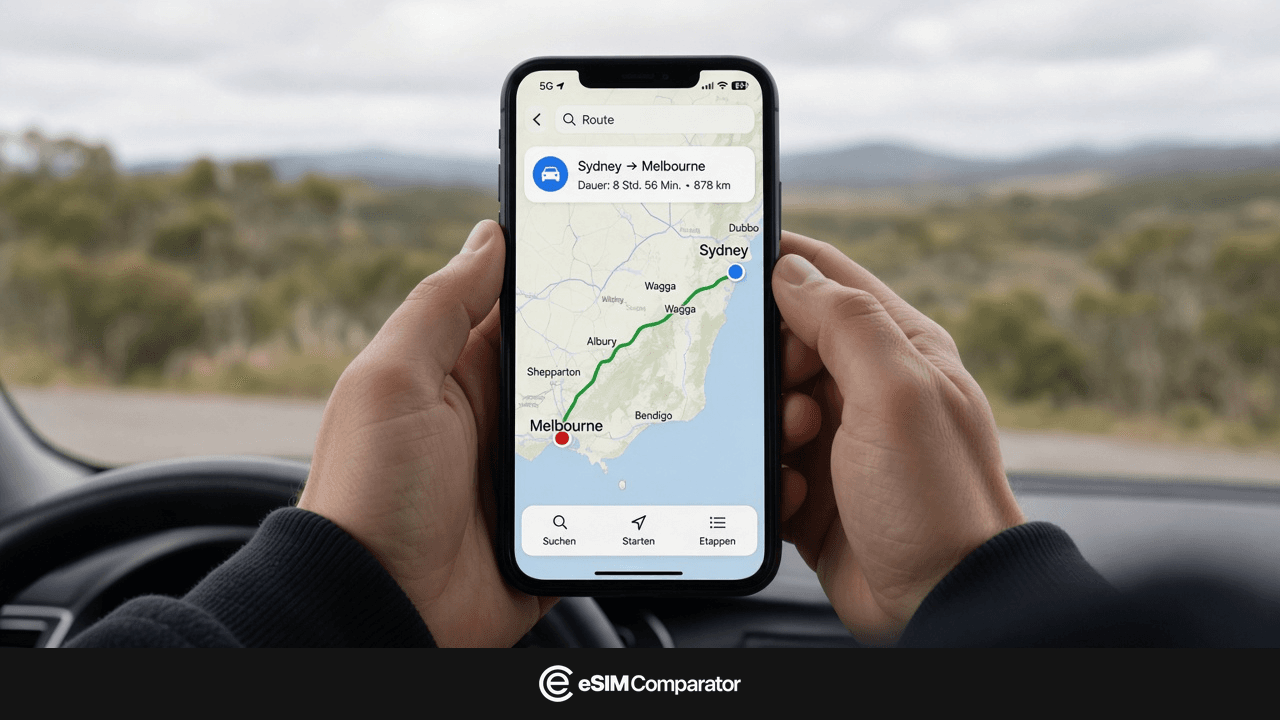 Zwei Hände halten ein Smartphone mit Route Sydney–Melbourne, Leiste eSIM Comparator