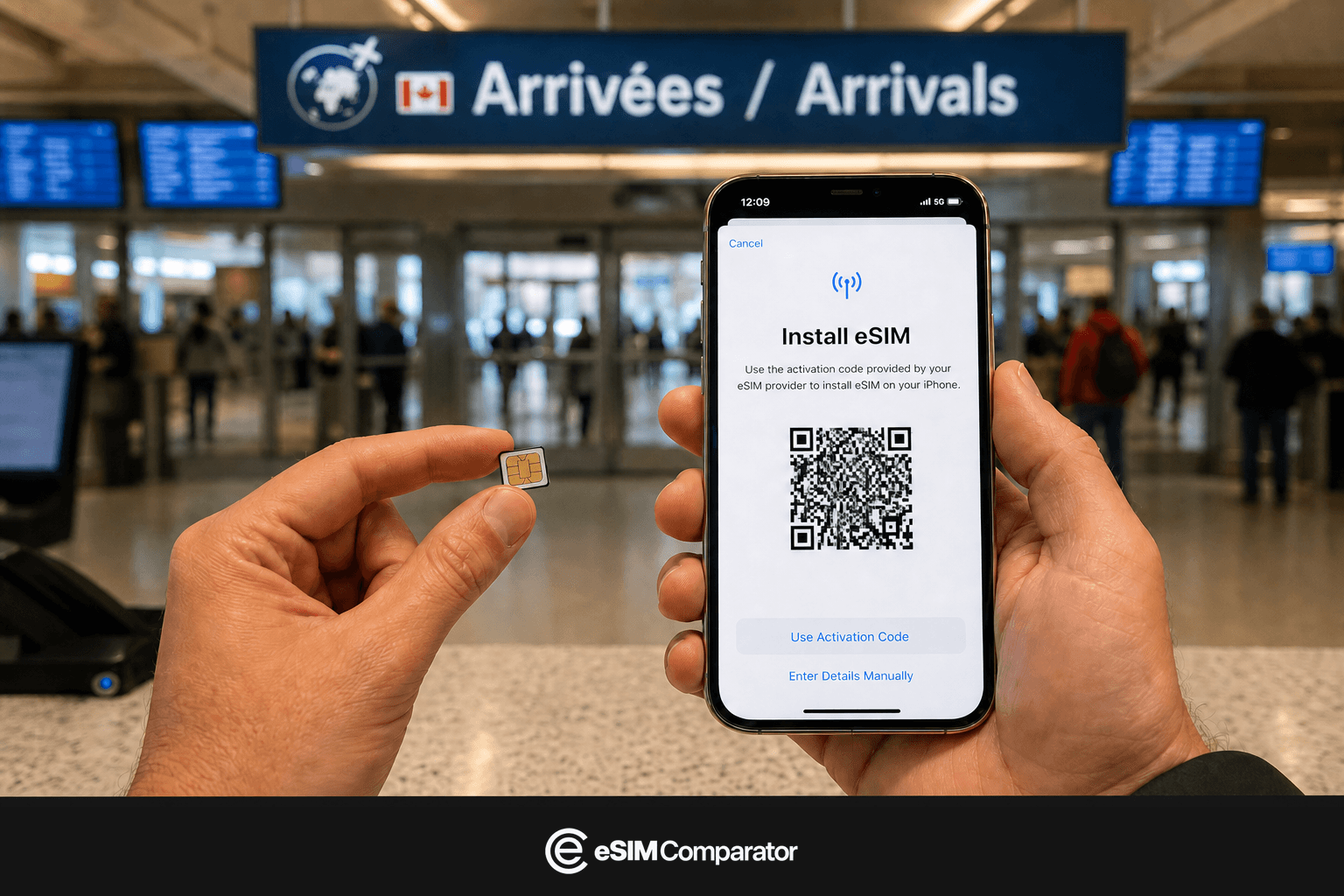 Plastic SIM and eSIM smartphone in a Canadian airport hall, eSIM Comparator logo bar