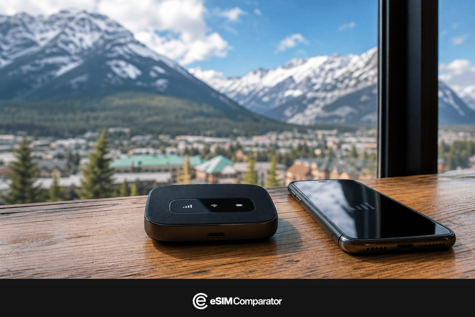 Routeur Pocket WiFi et smartphone sur une table face aux Rocheuses canadiennes, barre logo eSIM Comparator