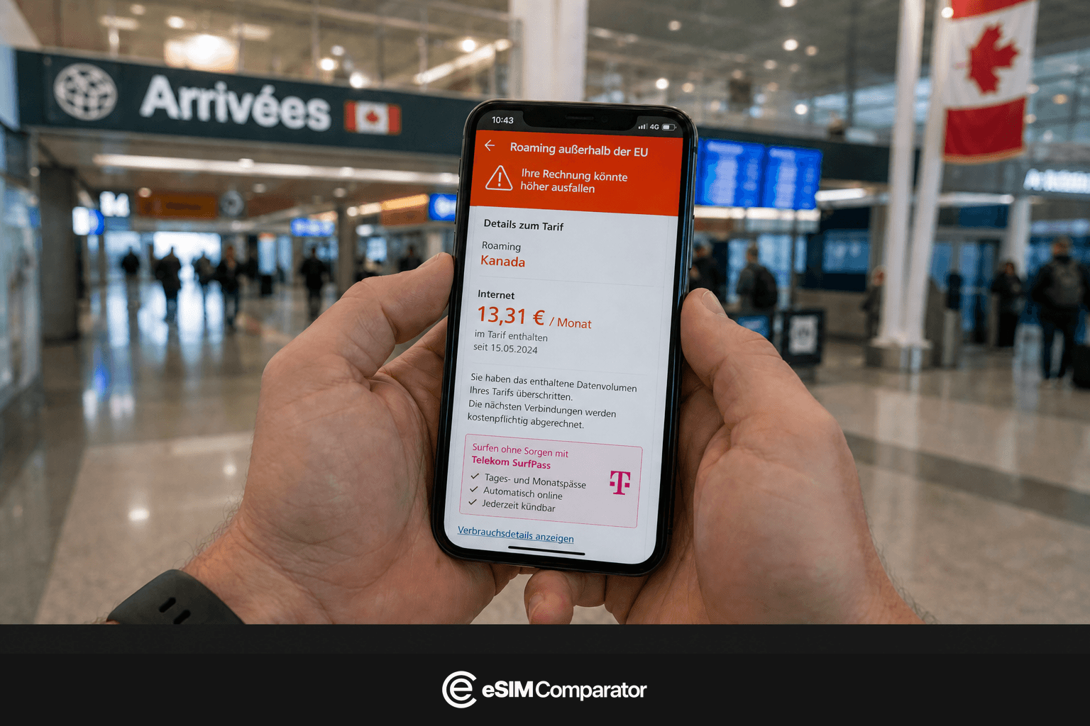 Roaming-Warnung extra-EU auf einem Smartphone bei der Ankunft in Kanada, Leiste eSIM Comparator