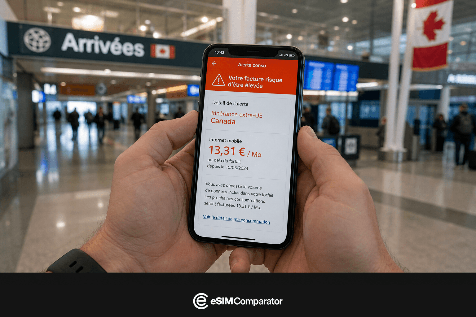 Alerte d’itinérance extra-UE sur un smartphone à l’arrivée au Canada, barre logo eSIM Comparator