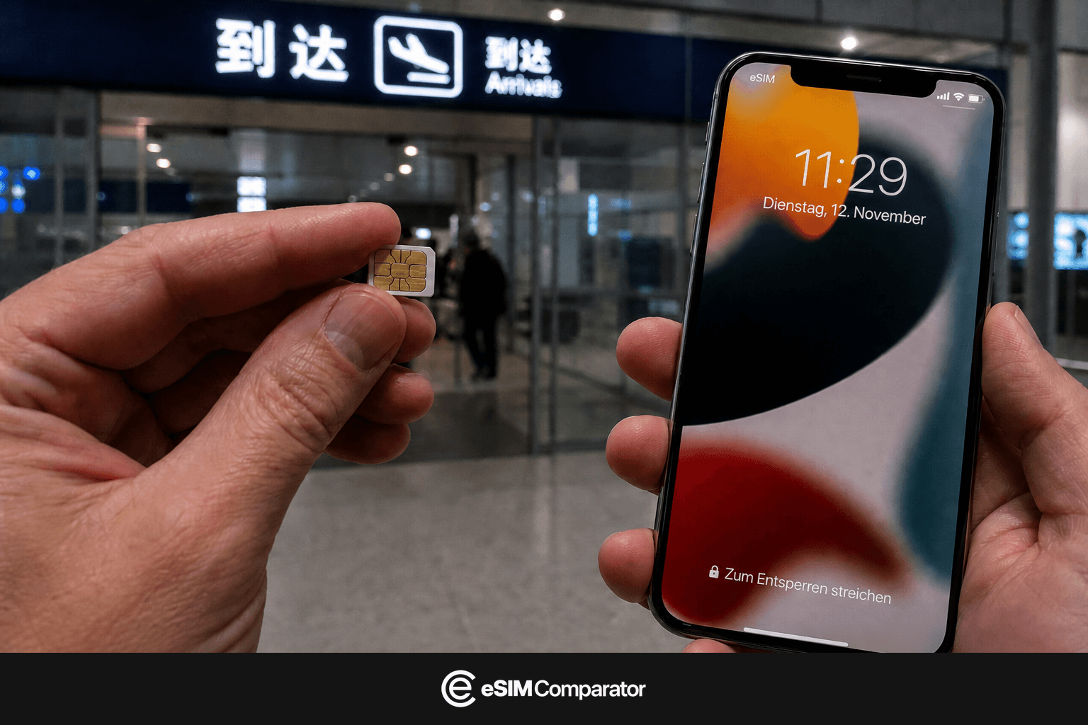 Plastik-SIM und eSIM-iPhone in einer Flughafenhalle in China, Leiste eSIM Comparator