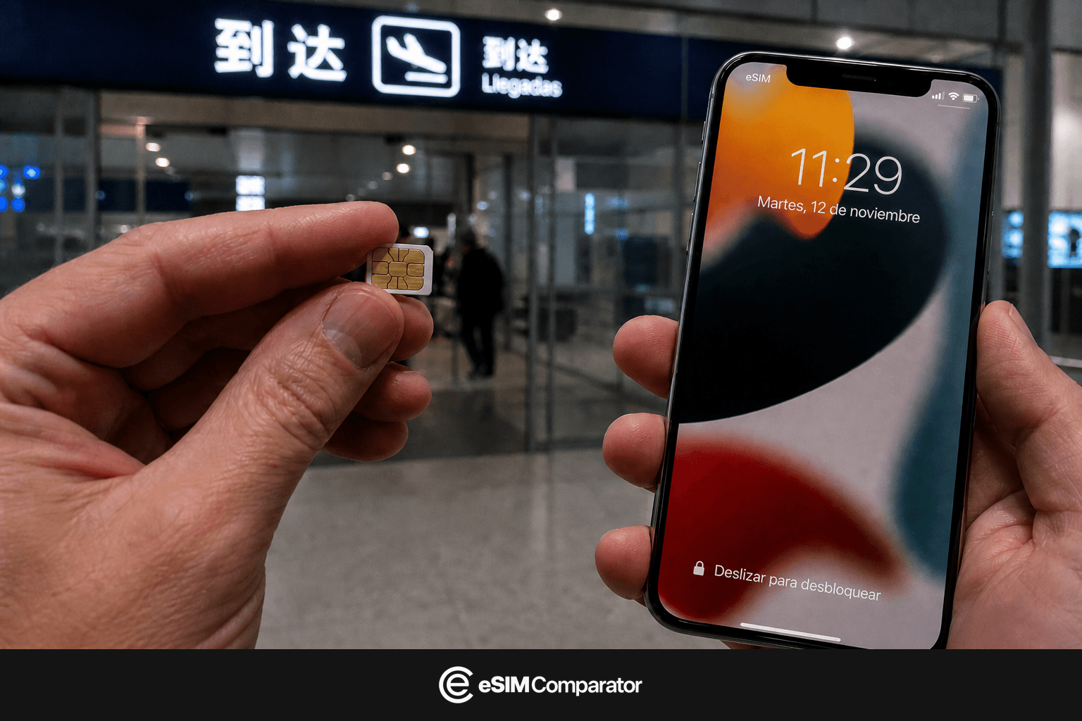 Tarjeta SIM de plástico e iPhone eSIM en un vestíbulo de aeropuerto en China, barra eSIM Comparator