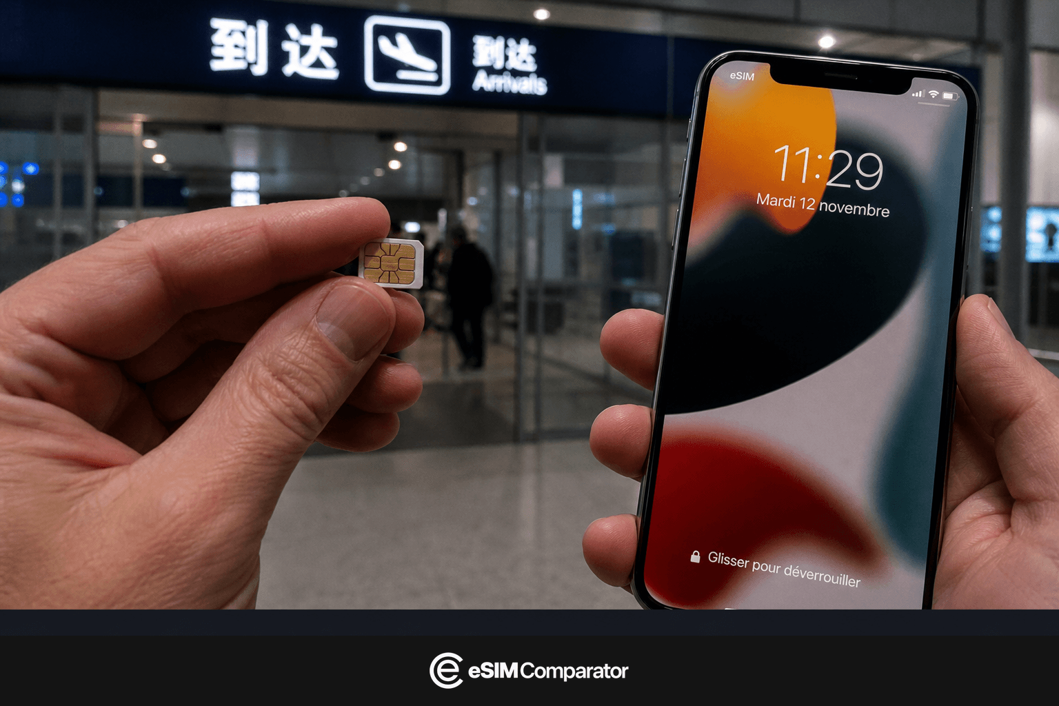Carte SIM plastique et iPhone eSIM dans un hall d’aéroport en Chine, barre logo eSIM Comparator