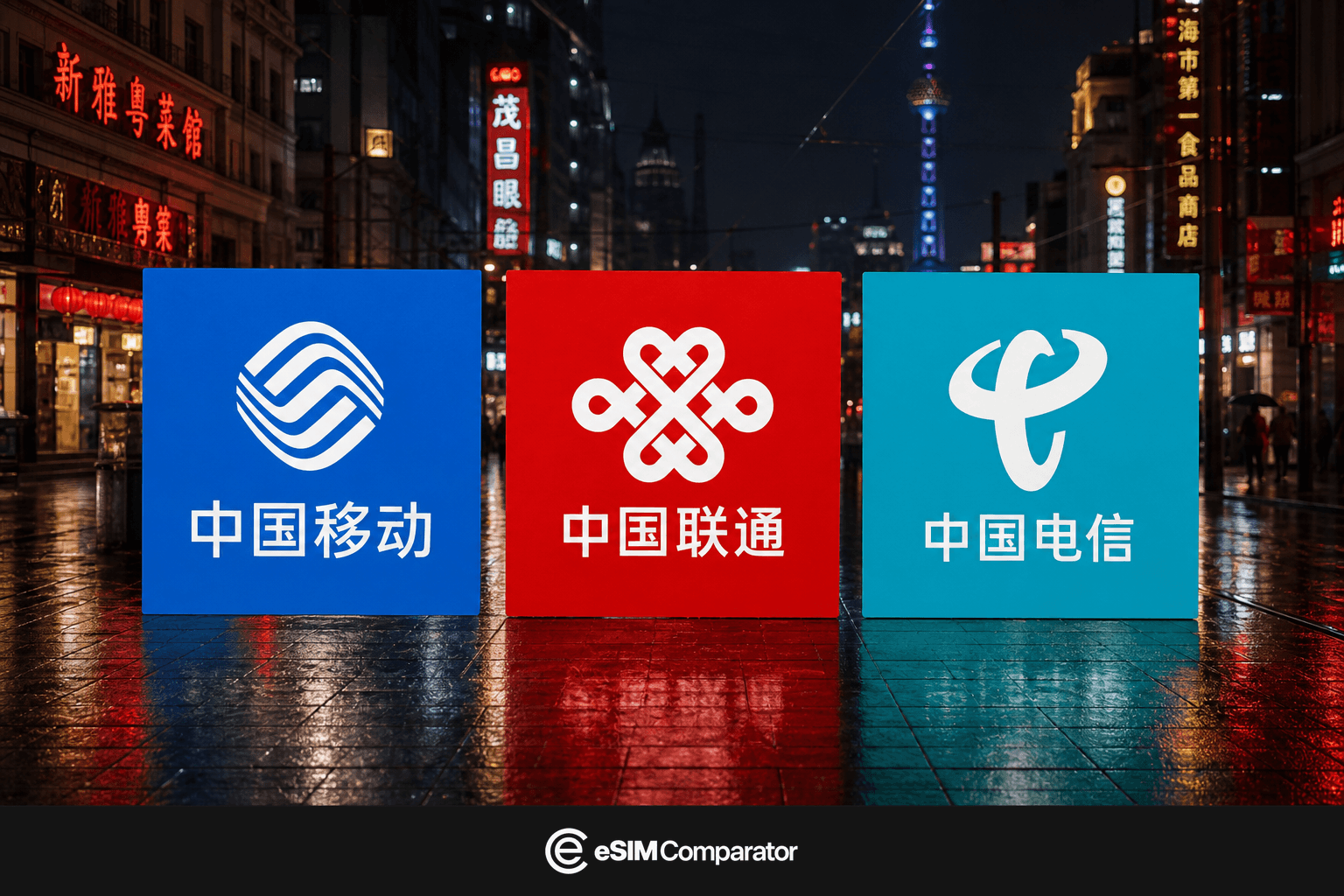 China Mobile, China Unicom and China Telecom logos on a Shanghai street at night, eSIM Comparator bar