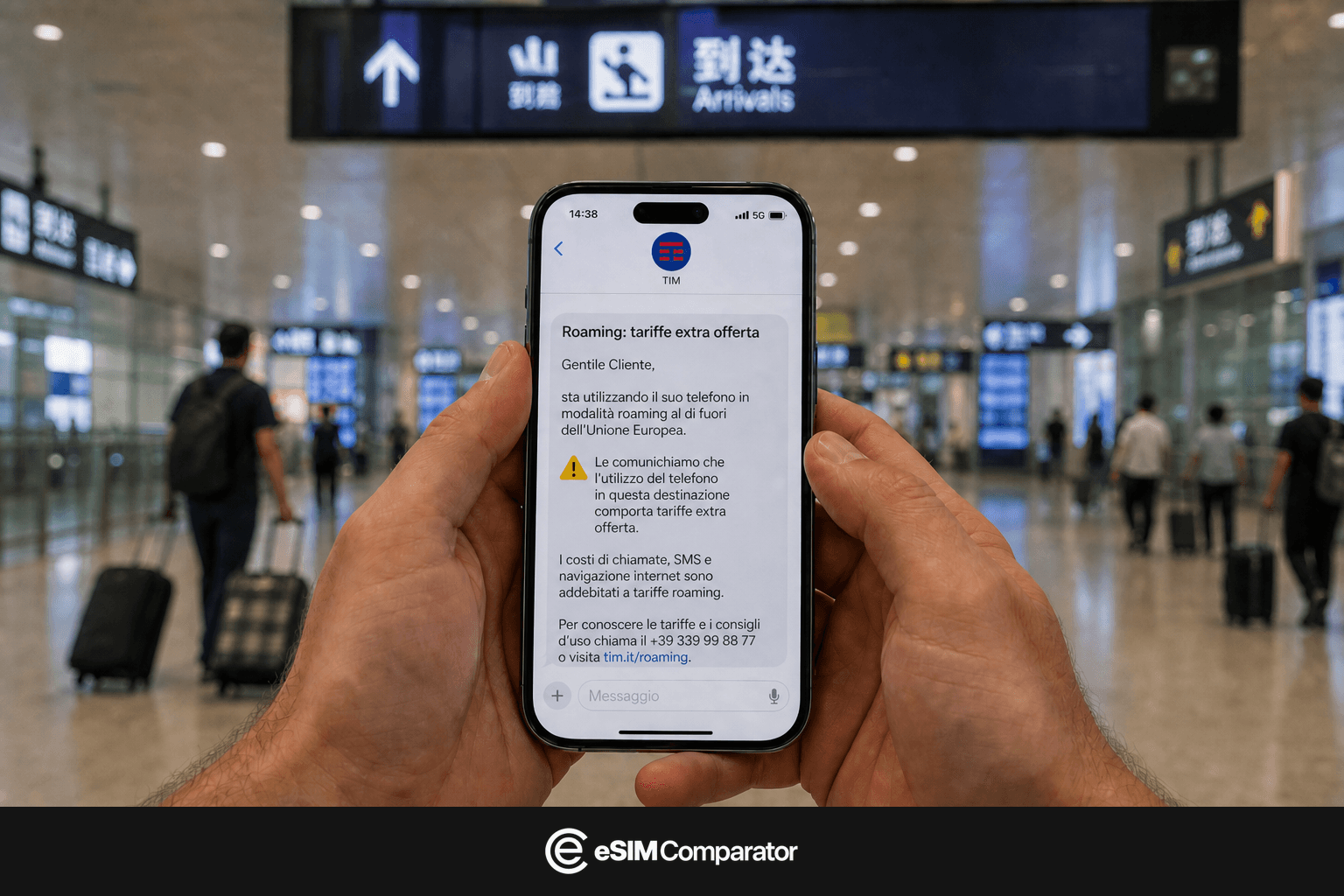 Avviso di roaming extra-UE su uno smartphone all’arrivo in Cina, barra eSIM Comparator