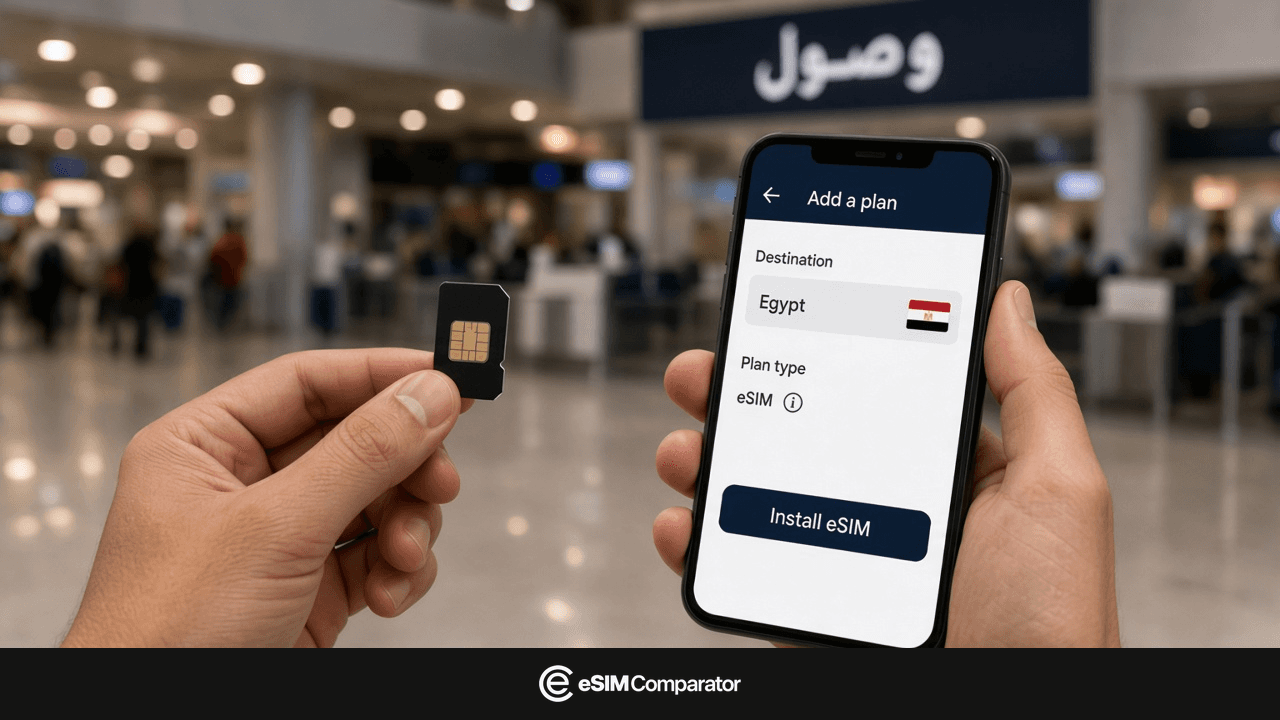 Plastic SIM and an eSIM phone in the Cairo arrivals hall, eSIM Comparator logo bar