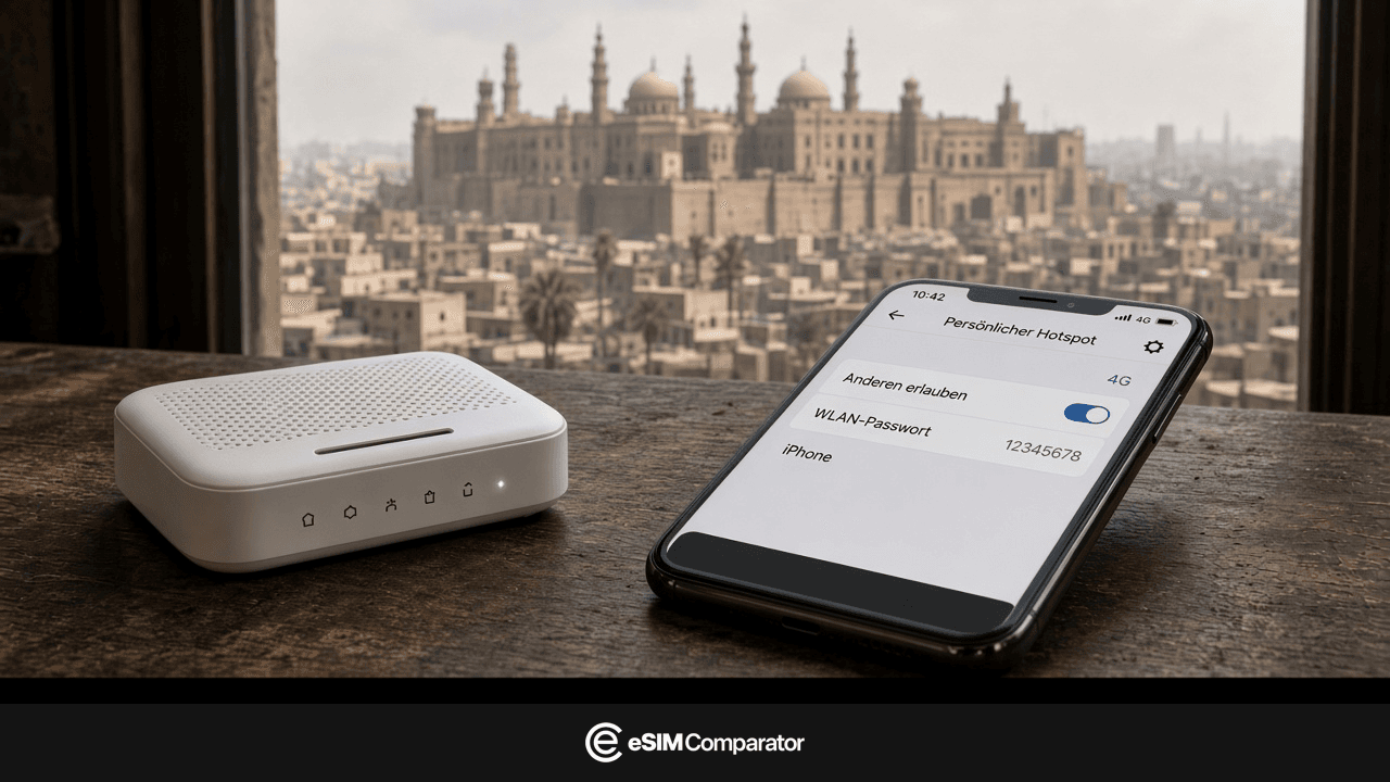 Pocket-WiFi-Router und Smartphone auf einem Tisch in Kairo, Leiste eSIM Comparator