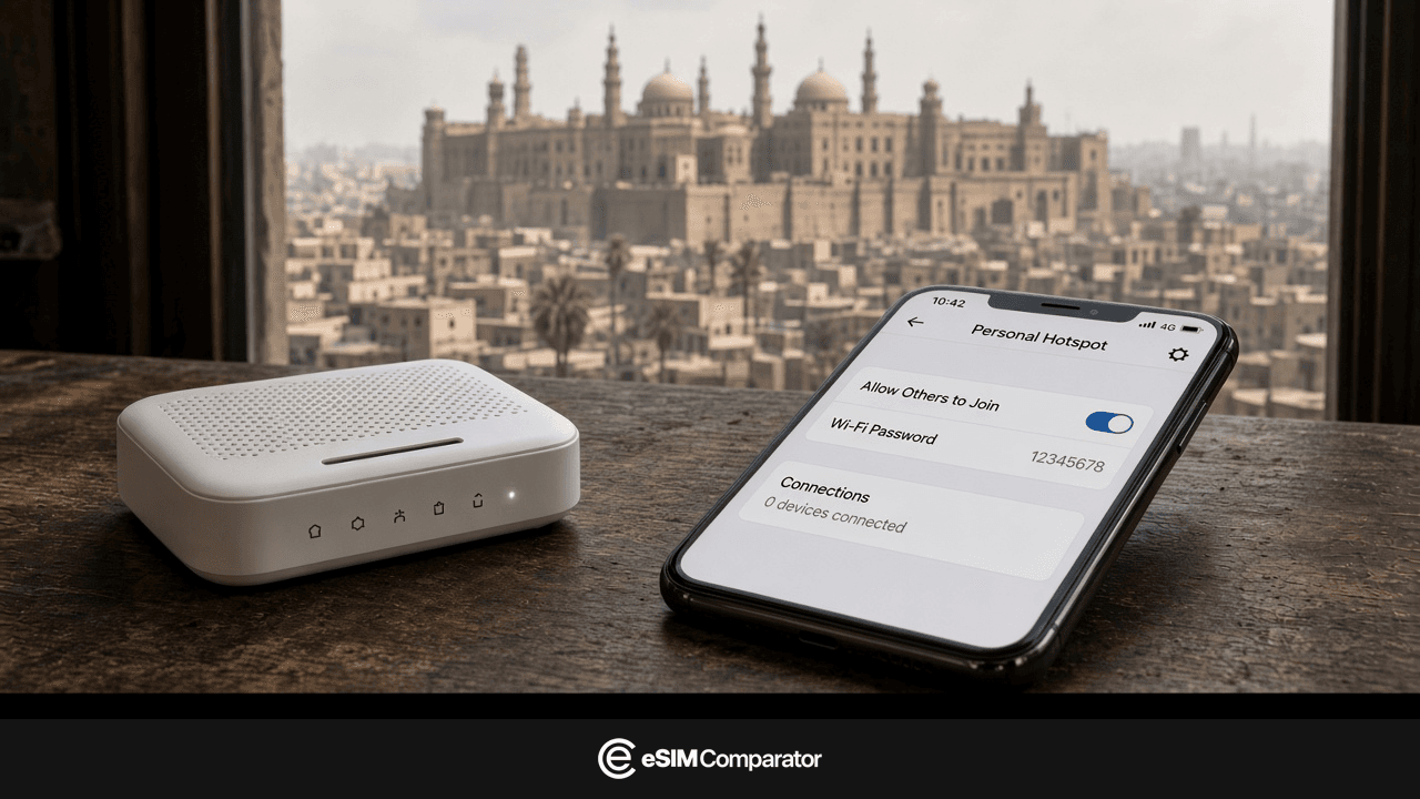 Pocket WiFi router and a smartphone on a table in Cairo, eSIM Comparator logo bar