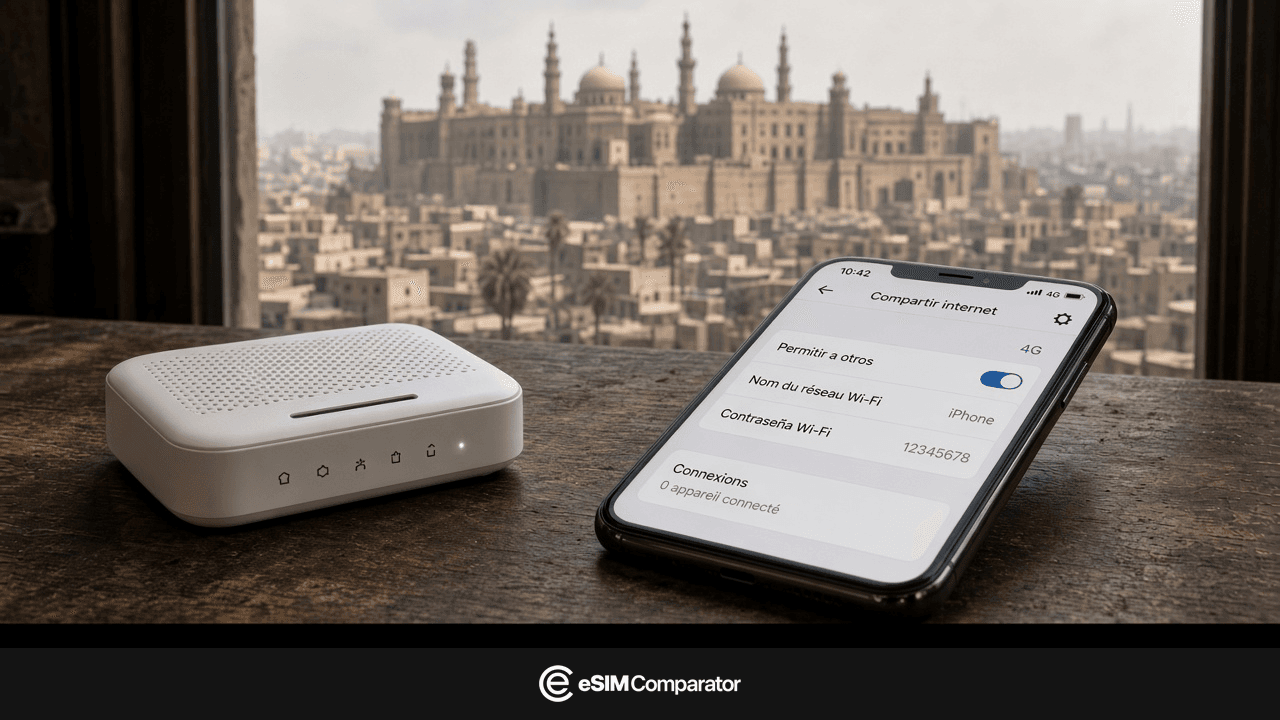 Router Pocket WiFi y smartphone sobre una mesa en El Cairo, barra eSIM Comparator