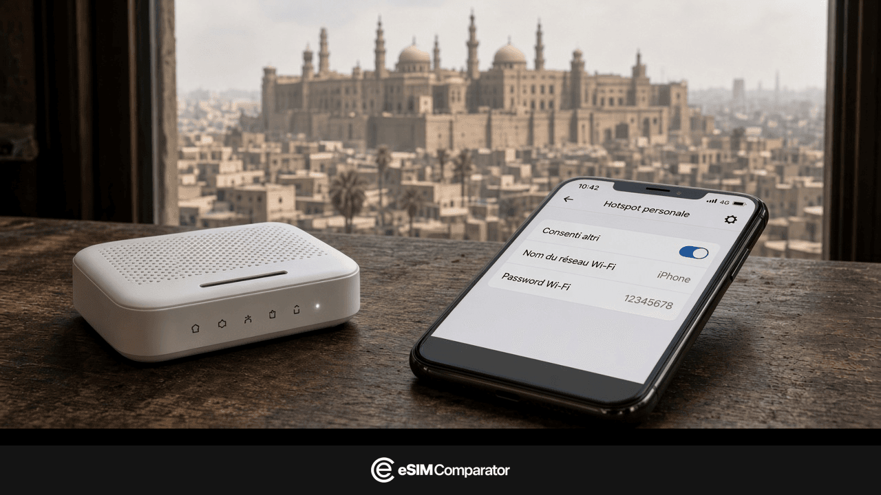 Router Pocket WiFi e smartphone su un tavolo al Cairo, barra eSIM Comparator