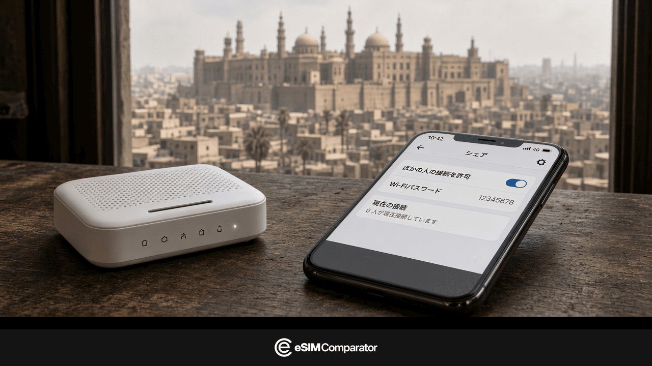 カイロのテーブルの上のポケットWiFiとスマホ、eSIM Comparatorのバー