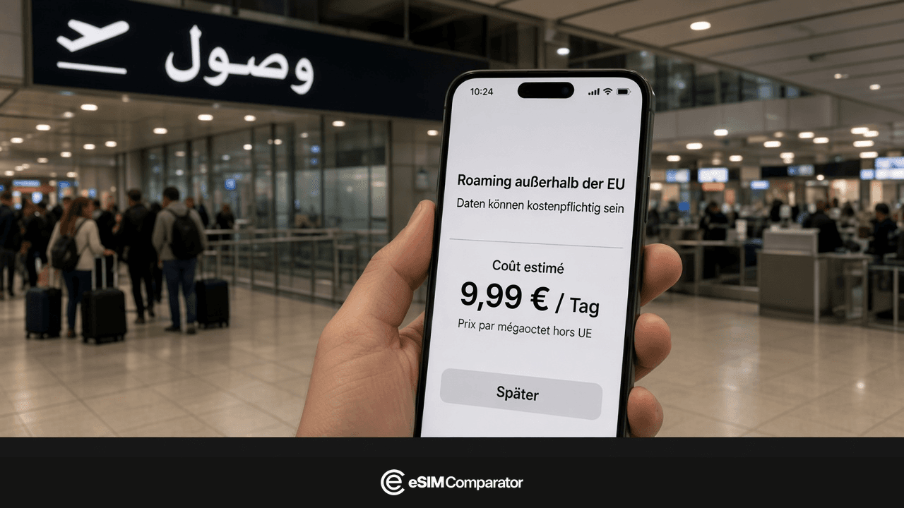 Roaming-Warnung außerhalb der EU auf einem Smartphone bei der Ankunft in Kairo, Leiste eSIM Comparator