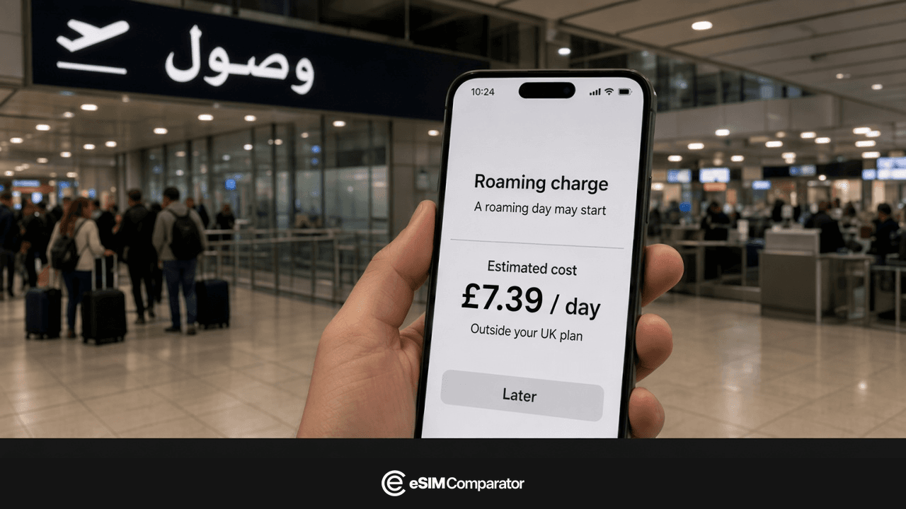 Roaming bill warning on a smartphone at Cairo arrivals, eSIM Comparator logo bar