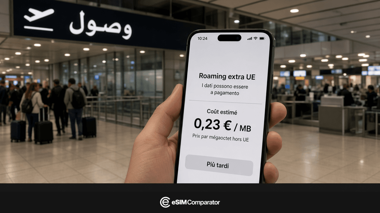 Avviso di roaming extra-UE su uno smartphone all’arrivo al Cairo, barra eSIM Comparator