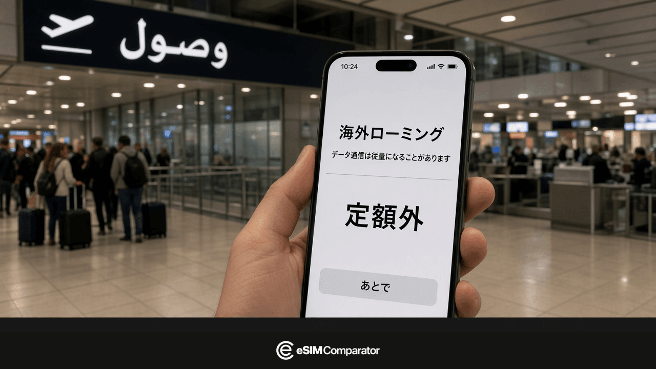 カイロ到着で日本回線の海外ローミング警告が出たスマートフォン、eSIM Comparatorのバー