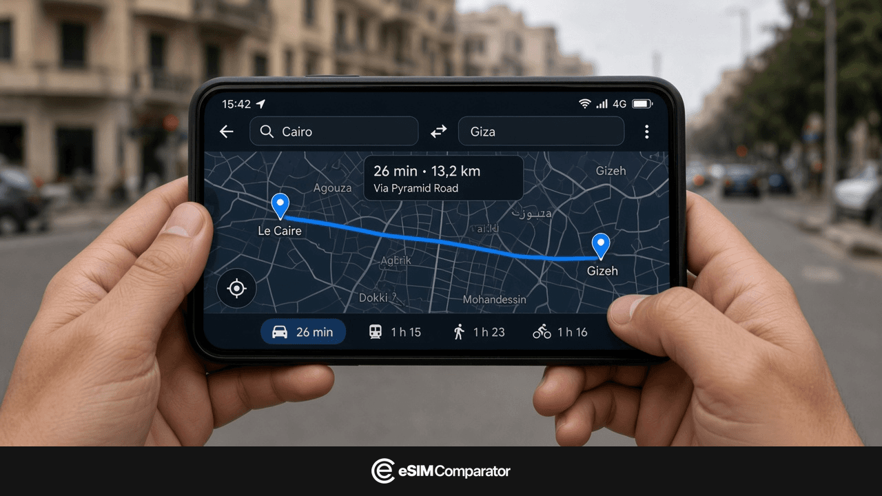 Two hands on a smartphone, a Cairo route and 4G in the status bar, eSIM Comparator logo bar