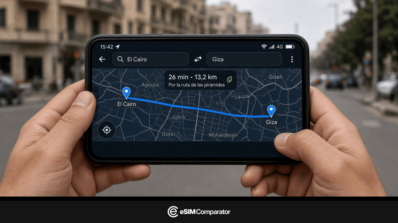 Dos manos en un smartphone, ruta en El Cairo y 4G en la barra de estado, barra eSIM Comparator