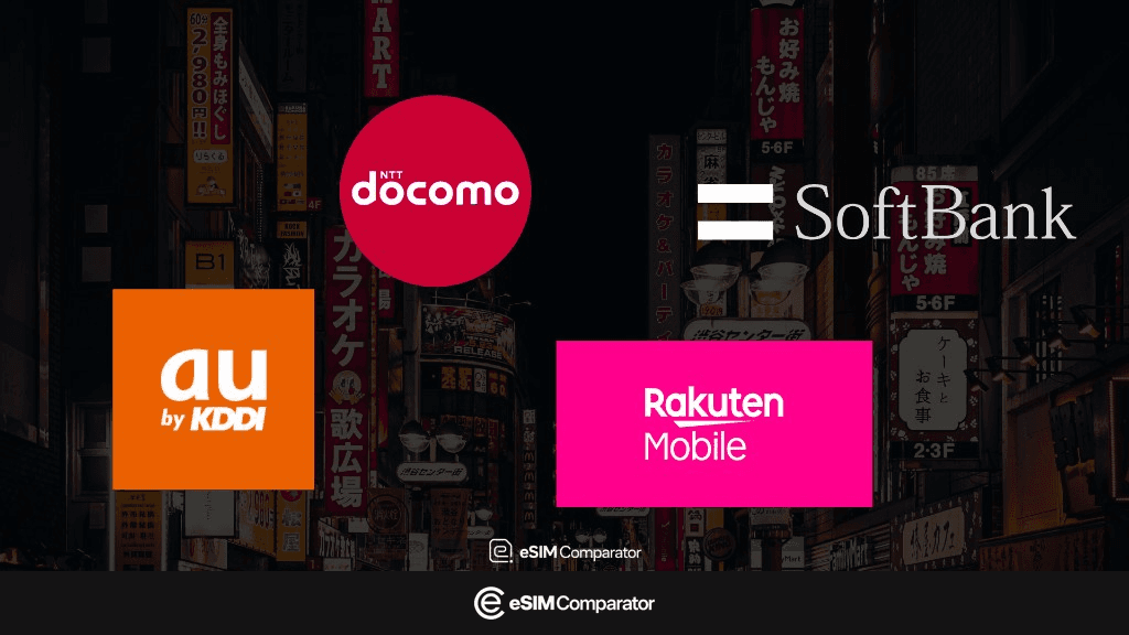 Docomo, SoftBank, au (KDDI) and Rakuten Mobile logos over a Japanese street at night