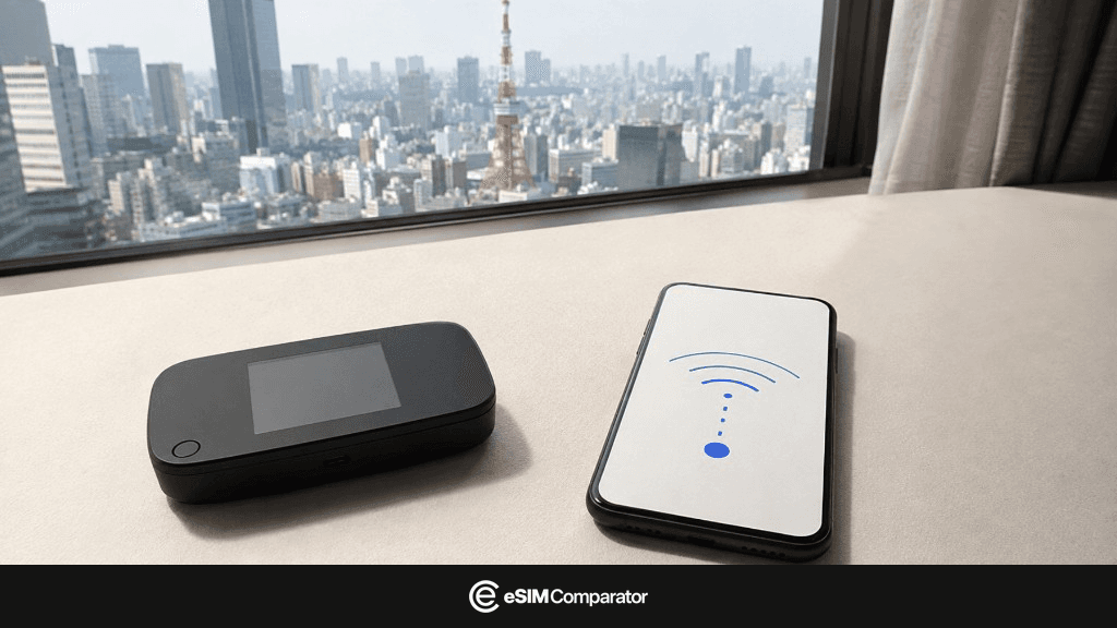 Pocket WiFi and smartphone in front of Tokyo Tower, eSIM Comparator bar