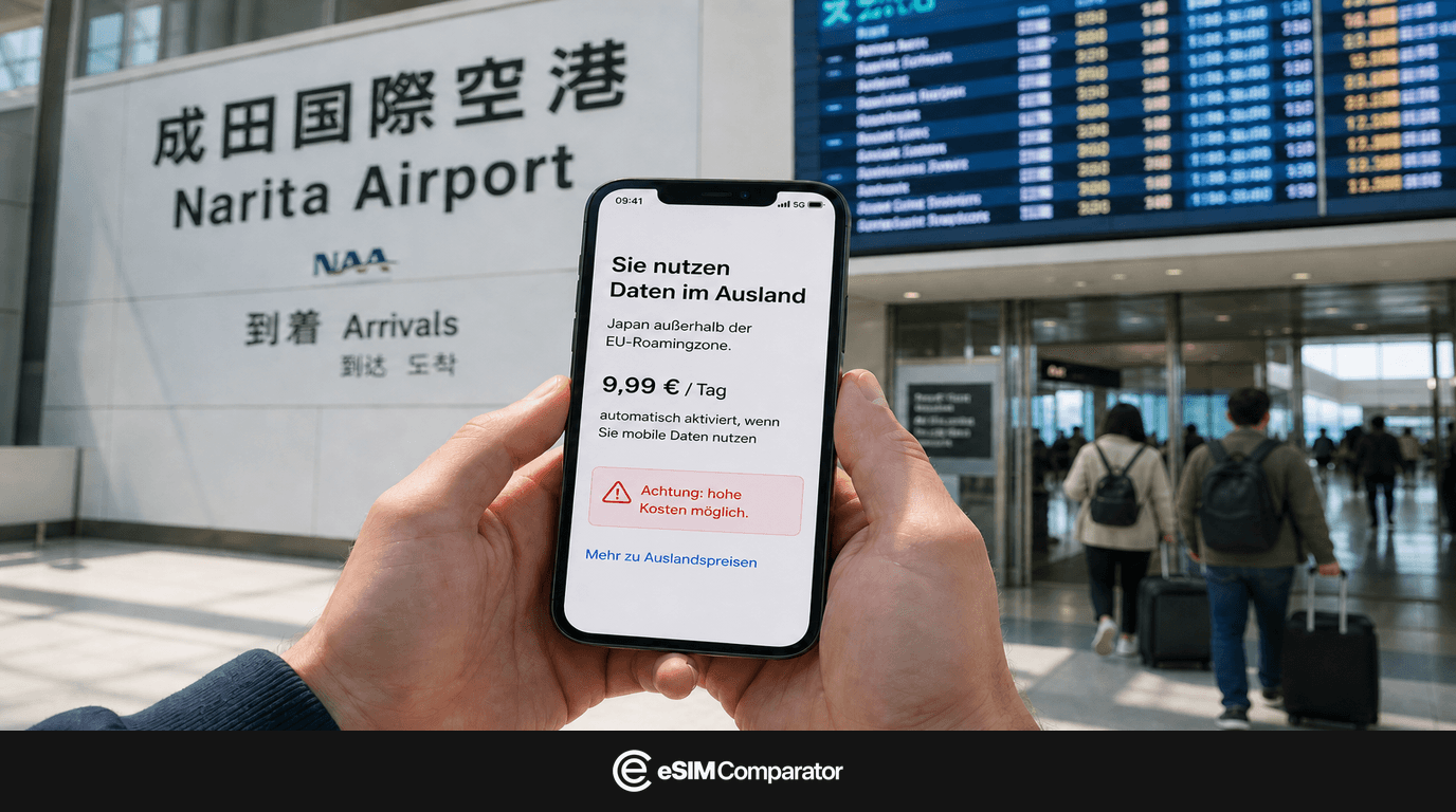 Roaming-Warnung auf einem Smartphone bei der Ankunft in Narita, eSIM-Comparator-Logoleiste