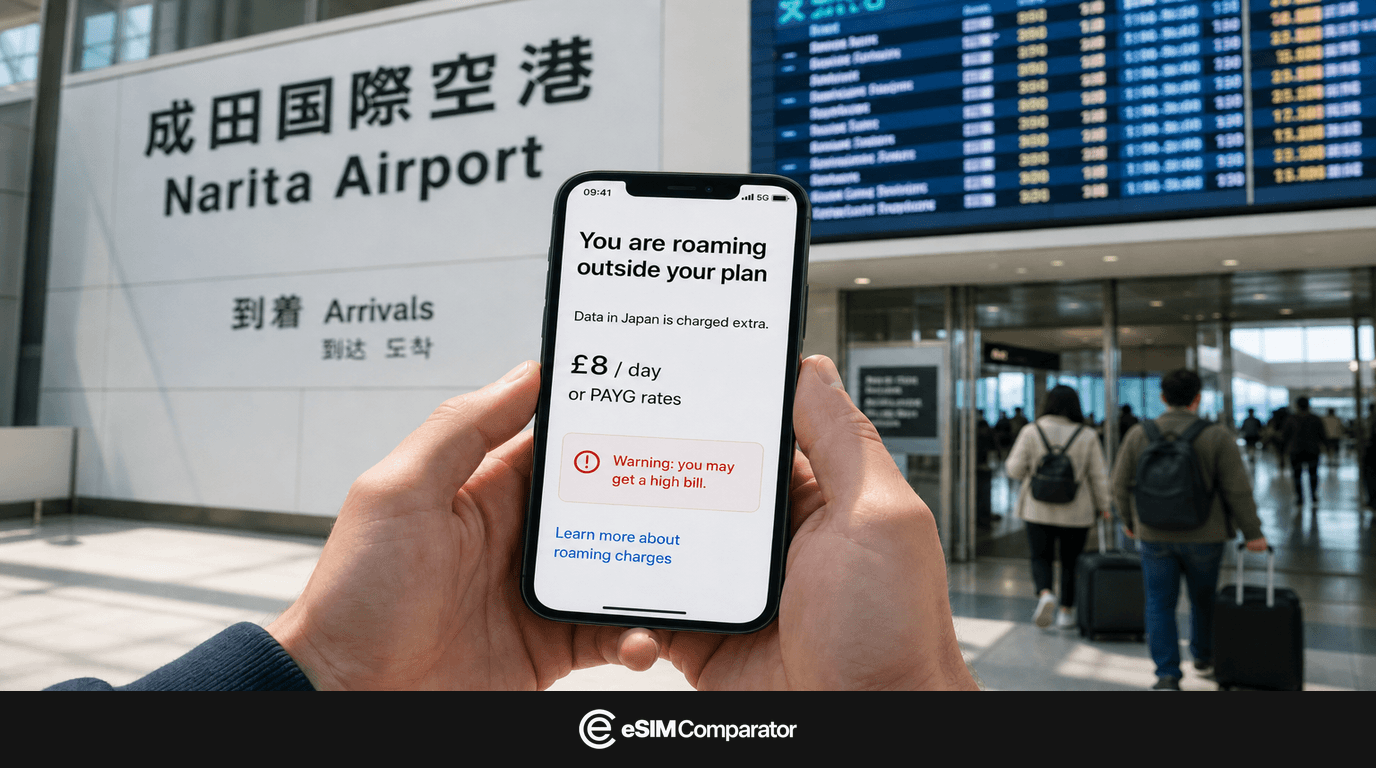 Roaming bill warning on a smartphone at Narita arrivals, eSIM Comparator logo bar