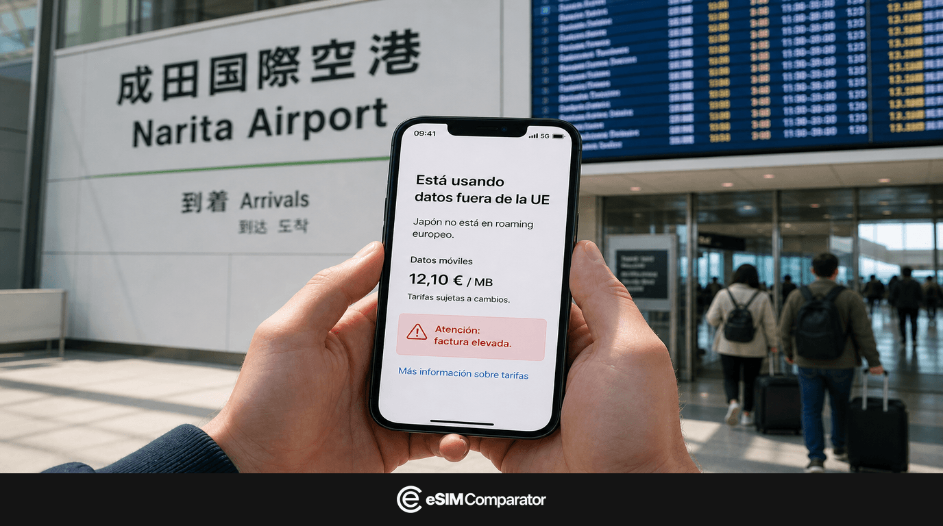 Aviso de roaming en un smartphone al llegar a Narita, barra con el logo de eSIM Comparator