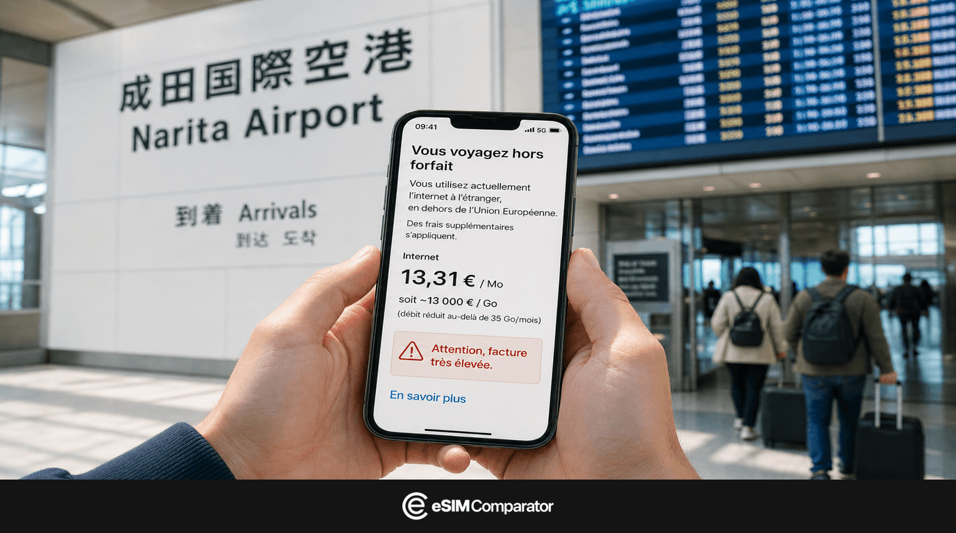 Alerte d’itinérance extra-UE sur un smartphone à l’arrivée à Narita, barre logo eSIM Comparator