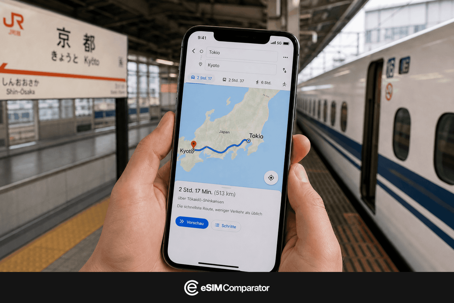 Smartphone mit Tokyo-Kyoto, Bahnsteig JR Kyoto, Leiste eSIM Comparator