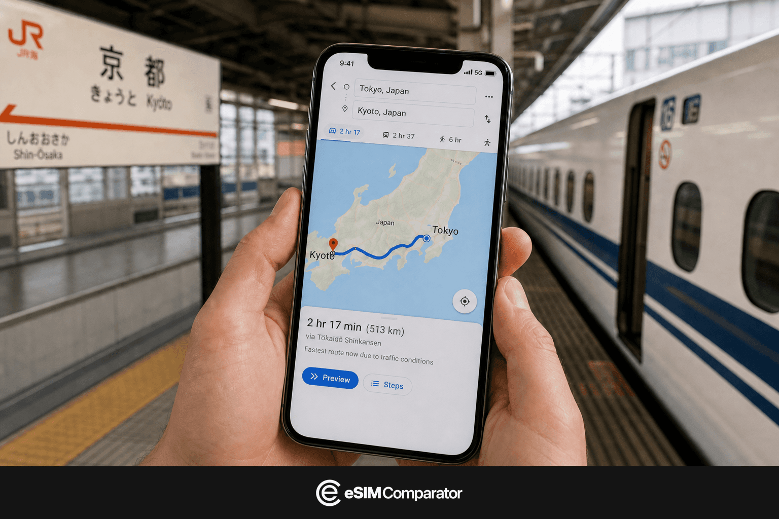 Smartphone open on Tokyo-Kyoto, JR Kyoto platform, eSIM Comparator bar