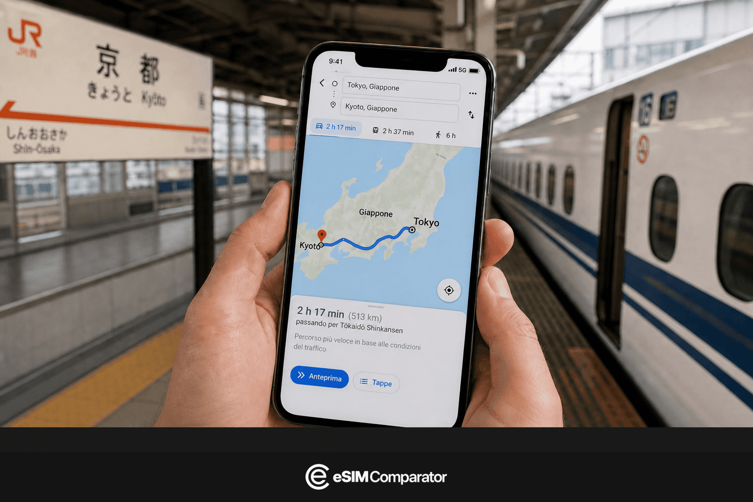 Smartphone aperto su Tokyo-Kyoto, binario JR Kyoto, barra eSIM Comparator