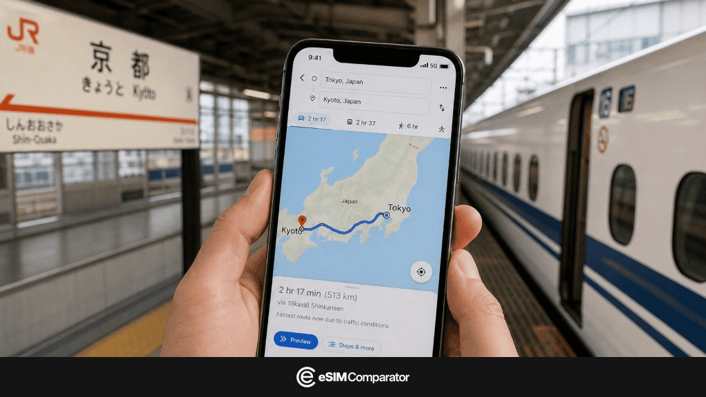 Smartphone ouvert sur Tokyo–Kyoto, quai JR Kyoto, barre logo eSIM Comparator