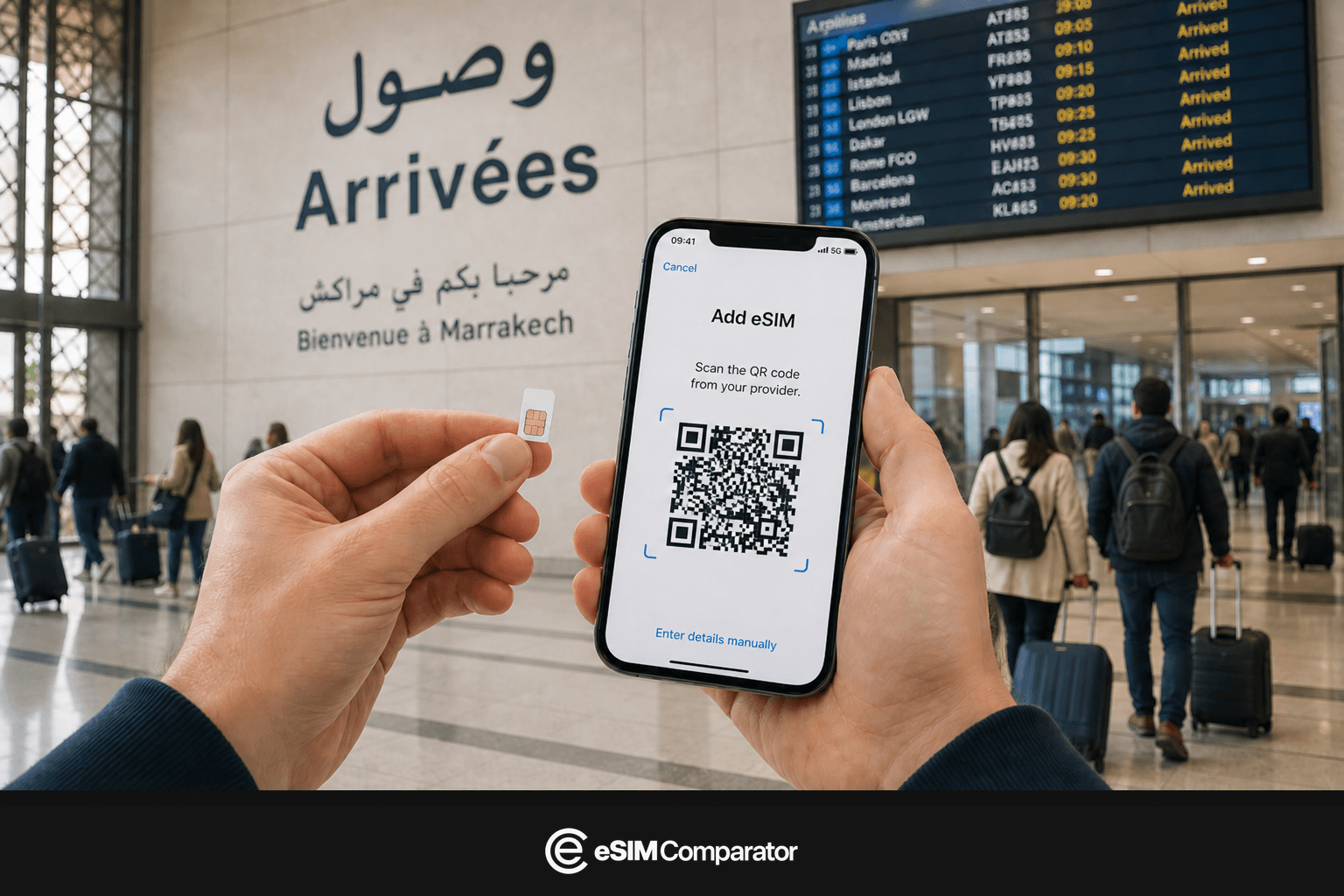 Plastic SIM and eSIM smartphone in a Morocco airport hall, eSIM Comparator logo bar