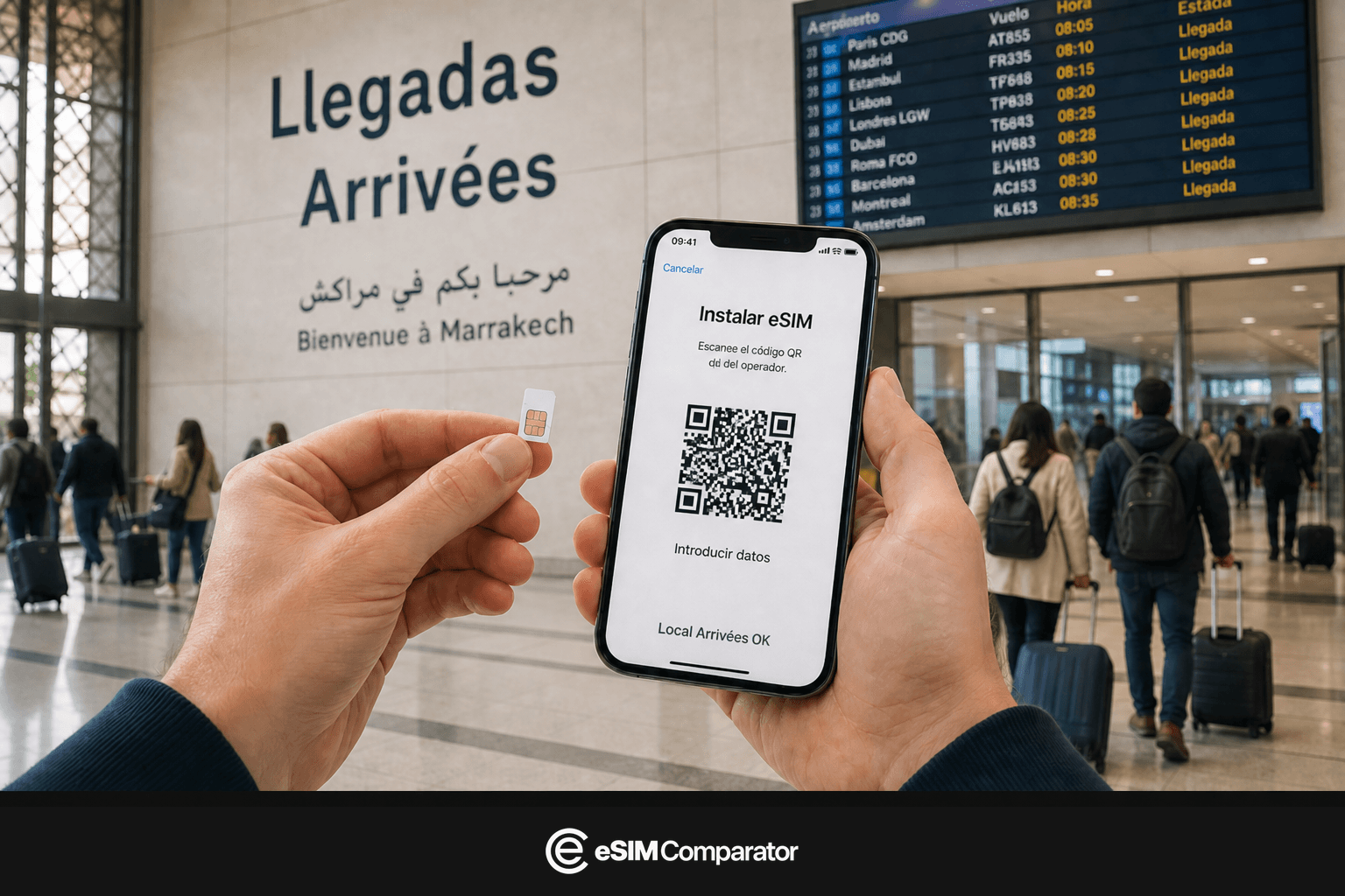 Tarjeta SIM de plástico y smartphone eSIM en un vestíbulo de aeropuerto en Marruecos, barra eSIM Comparator