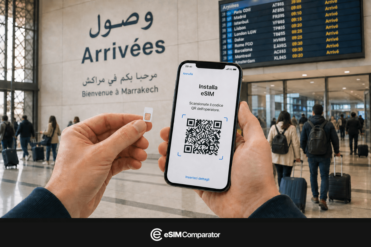 SIM di plastica e smartphone eSIM in un atrio di aeroporto in Marocco, barra eSIM Comparator