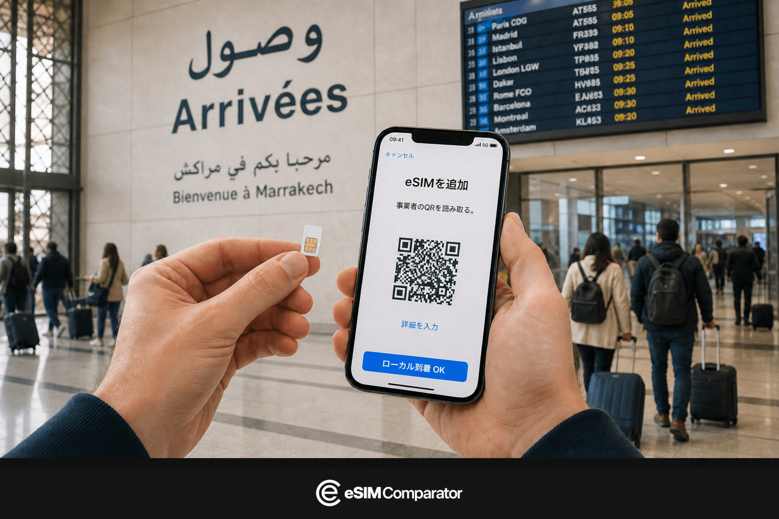 モロッコの空港ホールにあるプラスチックSIMとeSIMスマートフォン、eSIM Comparatorのバー