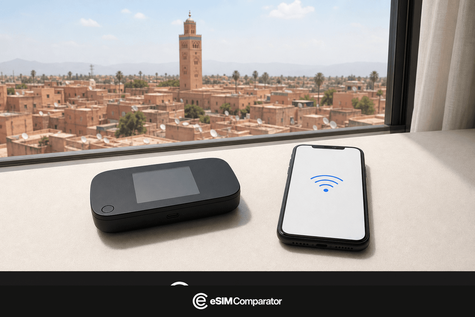 Pocket WiFi router and smartphone on a Marrakech café table, eSIM Comparator logo bar