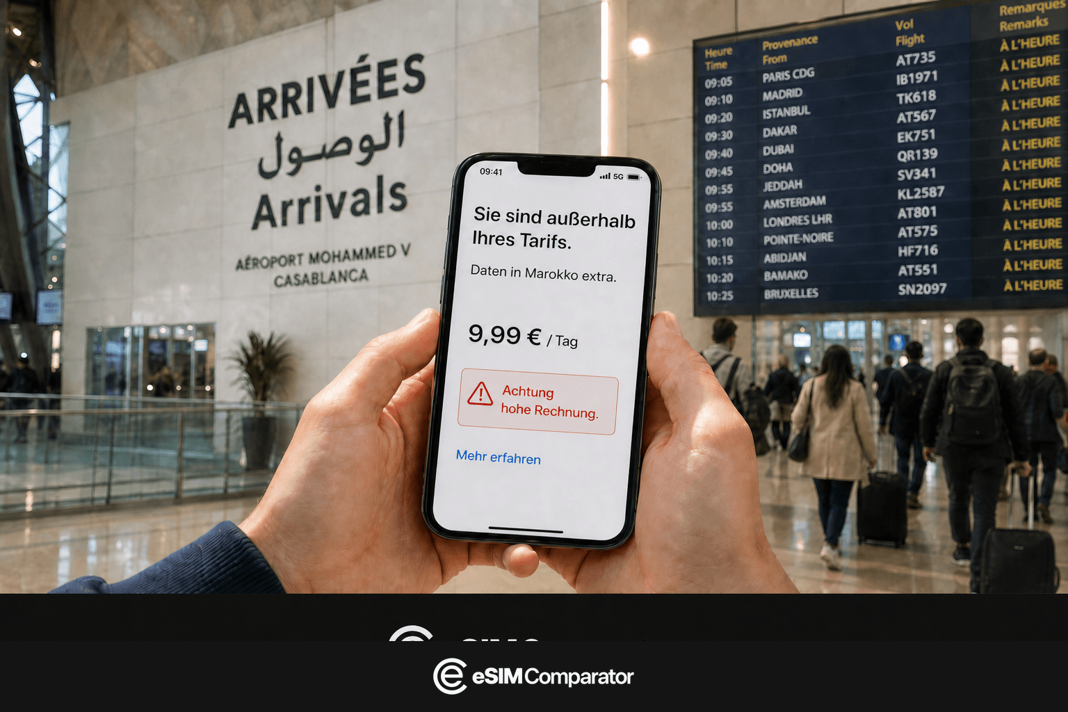 Roaming-Warnung extra-EU auf einem Smartphone bei der Ankunft in Marokko, Leiste eSIMComparator