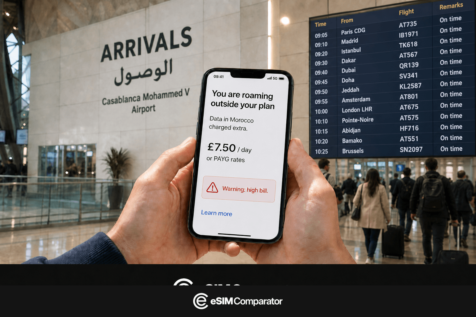Roaming bill warning on a smartphone at Morocco arrivals, eSIMComparator bar