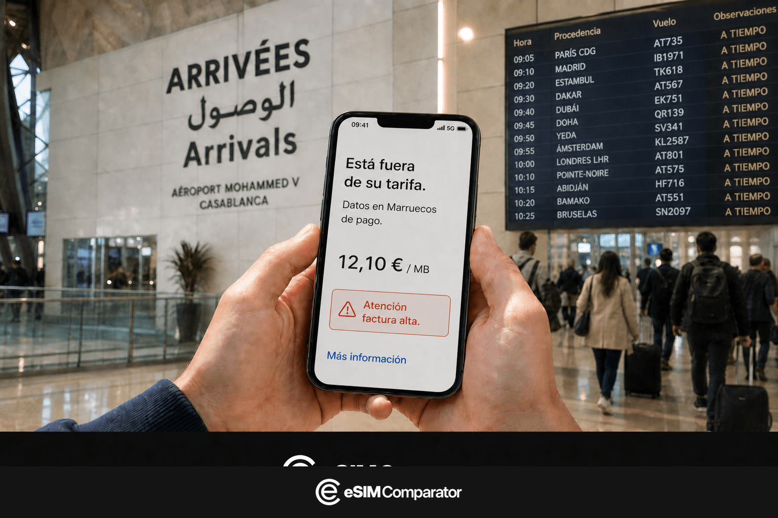 Aviso de roaming fuera de la UE en un smartphone al llegar a Marruecos, barra eSIMComparator