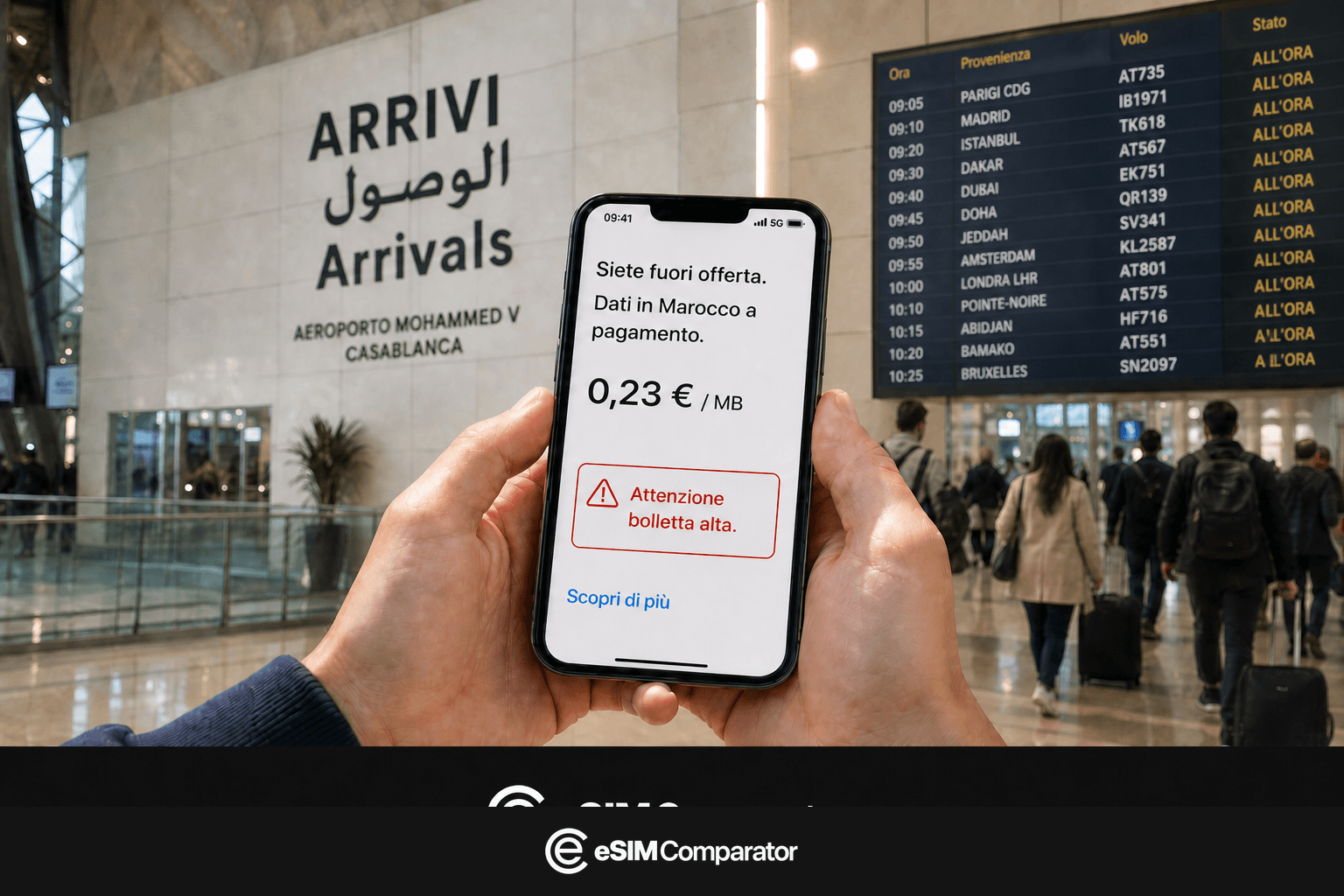 Avviso di roaming extra-UE su uno smartphone all’arrivo in Marocco, barra eSIMComparator
