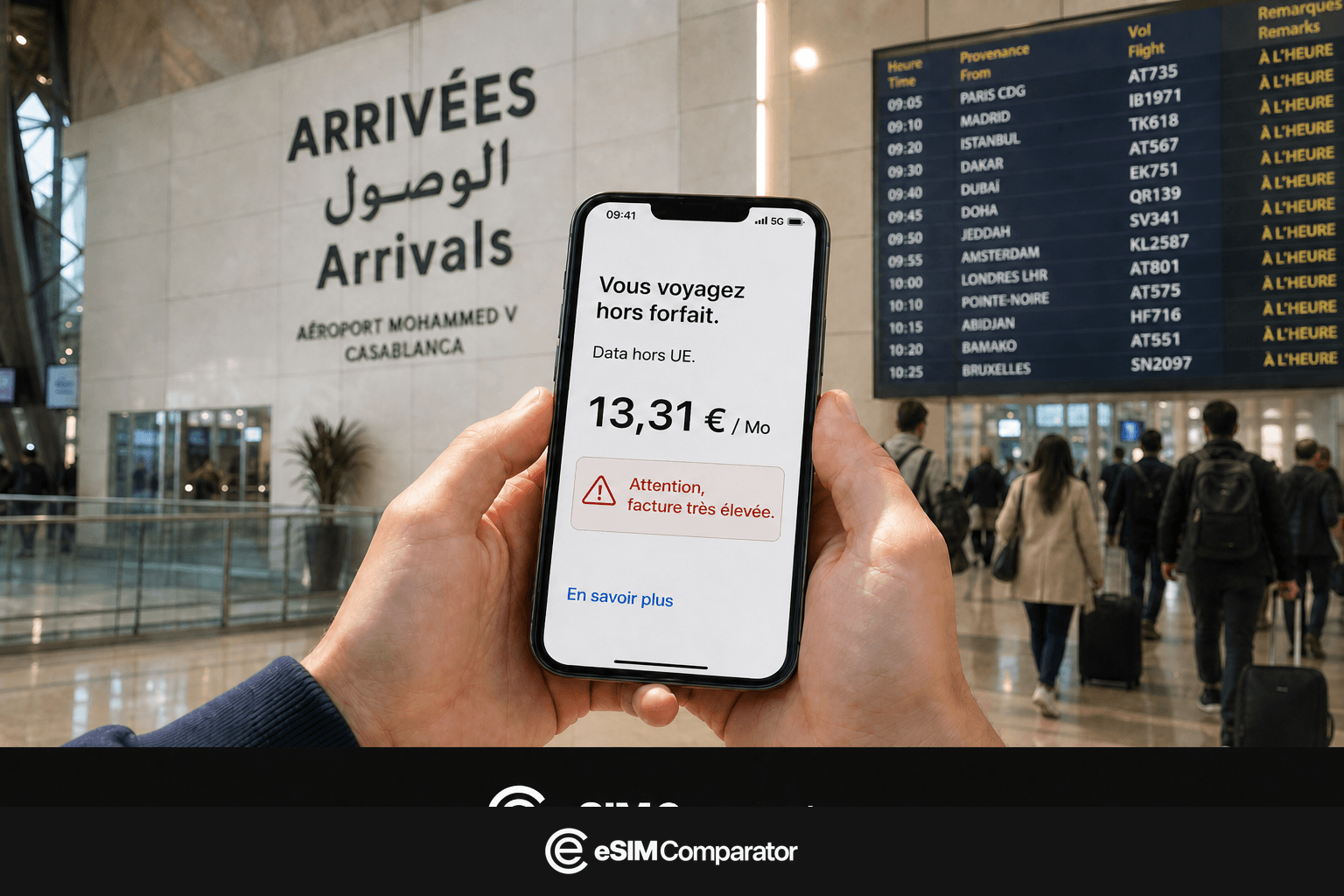 Alerte d’itinérance extra-UE sur un smartphone à l’arrivée au Maroc, barre logo eSIM Comparator