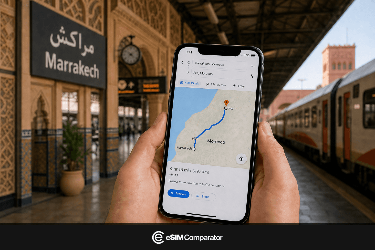 Smartphone and Marrakech rooftops, eSIM Comparator logo bar